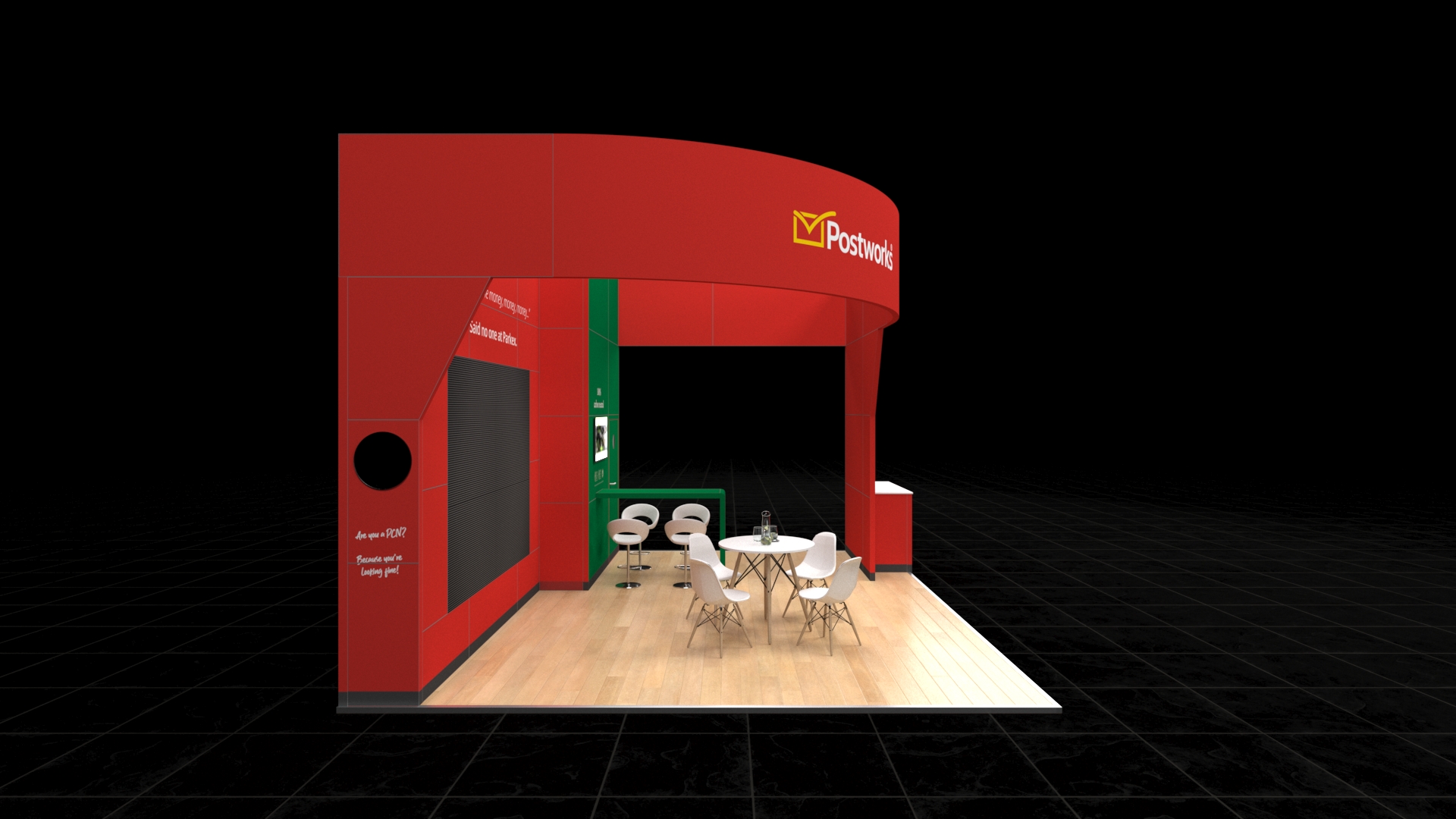 Curved, immersive exhibition stand with a high, curved roof structure. Features a large, integrated display panel and a separate casual meeting area with a round table and chairs