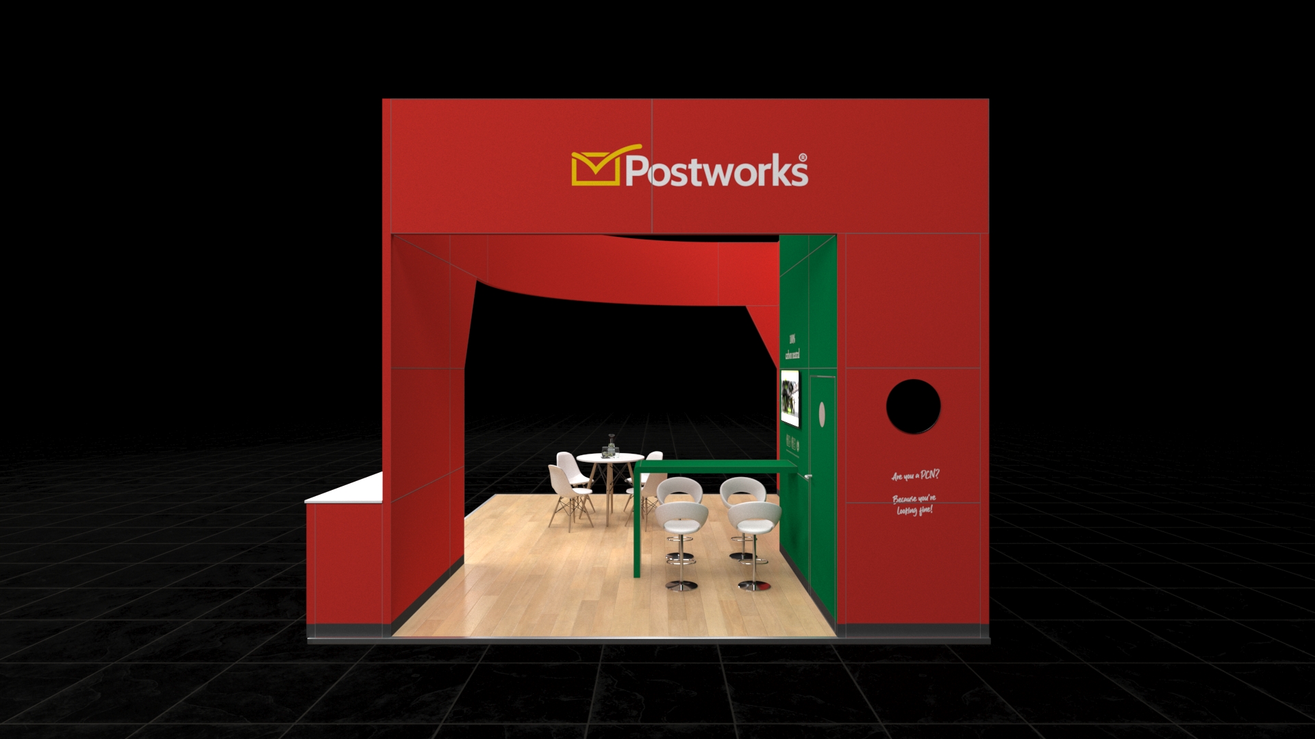 Curved, immersive exhibition stand with a high, curved roof structure. Features a large, integrated display panel and a separate casual meeting area with a round table and chairs