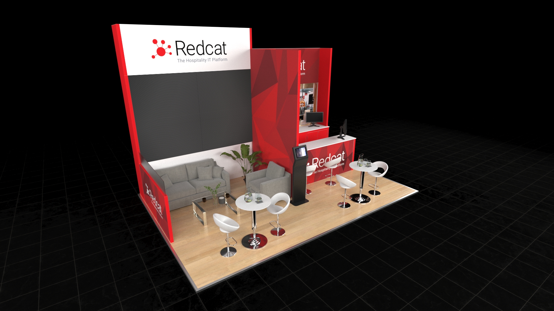 winnipeg3 A 6x4 spacious, modern exhibition stand with tall, asymmetrical walls. Features a large display screen above a comfortable lounge area, a separate product demonstration counter simulating a service environment, and a main floor with two high tables for interaction.