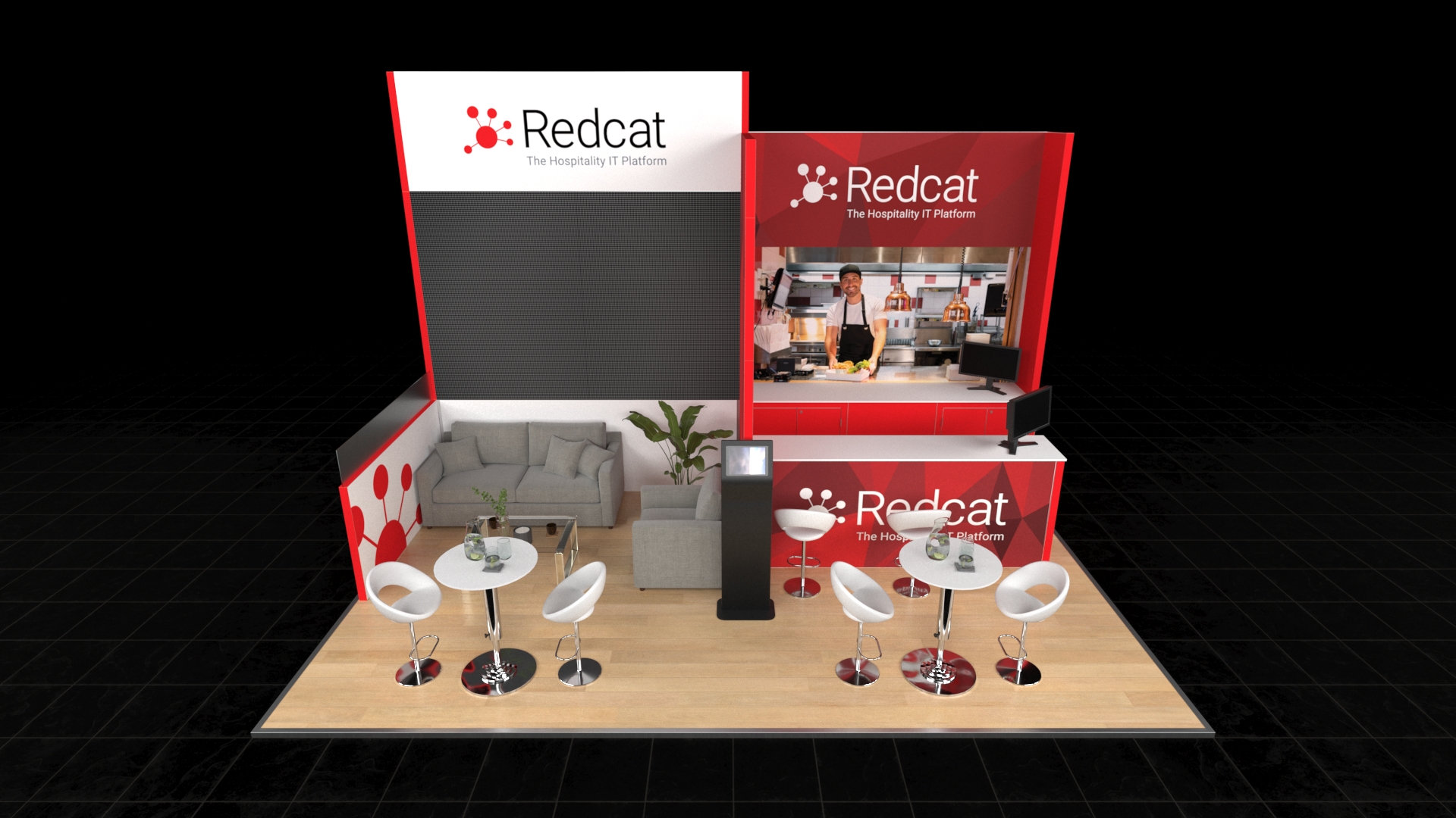 A 6x4 spacious, modern exhibition stand with tall, asymmetrical walls. Features a large display screen above a comfortable lounge area, a separate product demonstration counter simulating a service environment, and a main floor with two high tables for interaction.