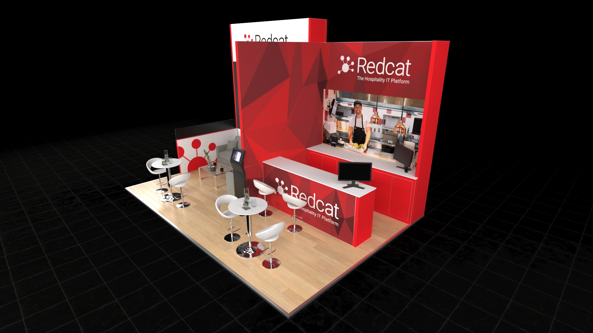 winnipeg1 A 6x4 spacious, modern exhibition stand with tall, asymmetrical walls. Features a large display screen above a comfortable lounge area, a separate product demonstration counter simulating a service environment, and a main floor with two high tables for interaction.
