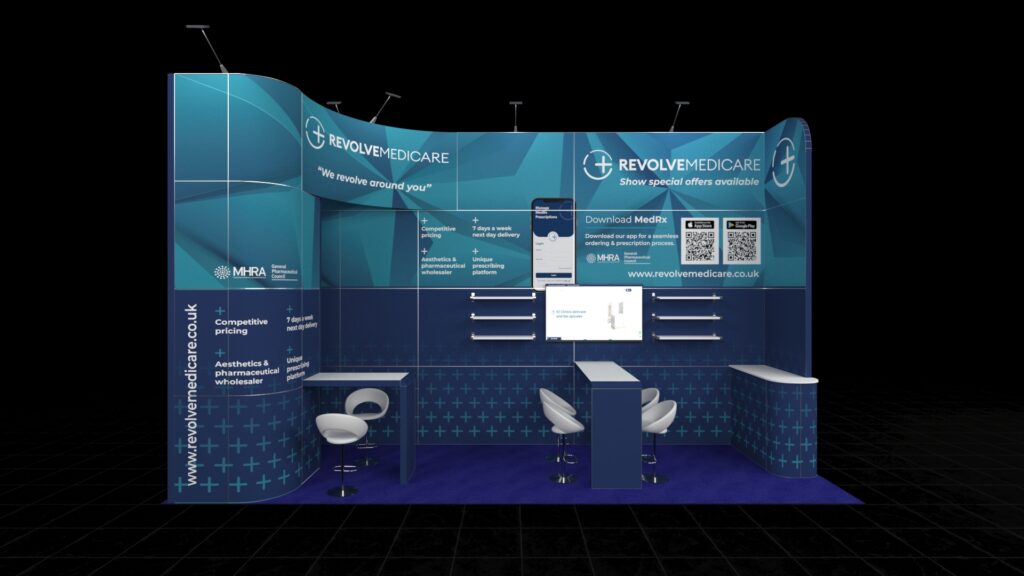 High-impact, wide inline exhibition stand defined by a prominent curved top structure. The layout features a central display area with a screen and shelves, flanked by two matching high consultation pods with stools for focused discussions.