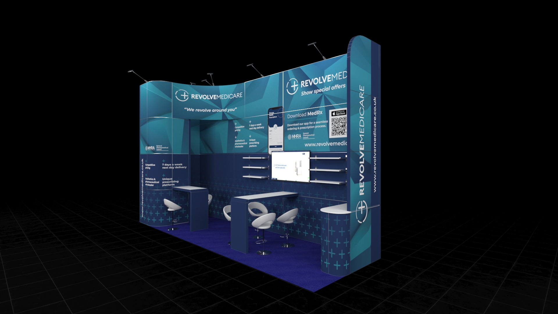 High-impact, wide inline exhibition stand defined by a prominent curved top structure. The layout features a central display area with a screen and shelves, flanked by two matching high consultation pods with stools for focused discussions.