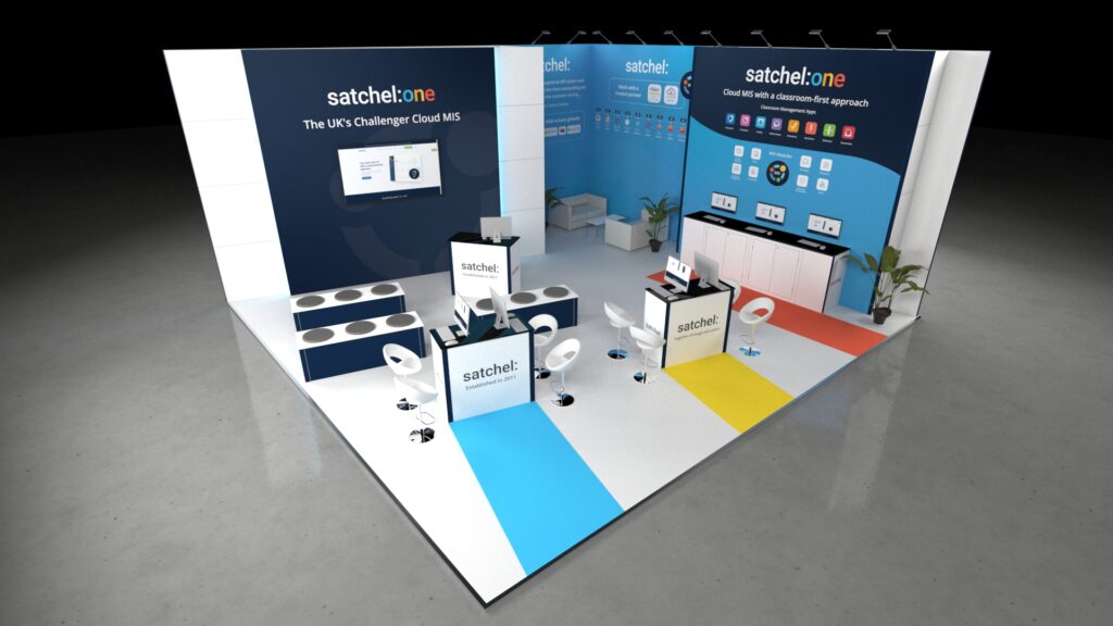 Modern exhibition stand with multiple counters, seating areas, digital screens, and informational wall displays in a clean, open layout designed for product demonstrations and visitor engagement