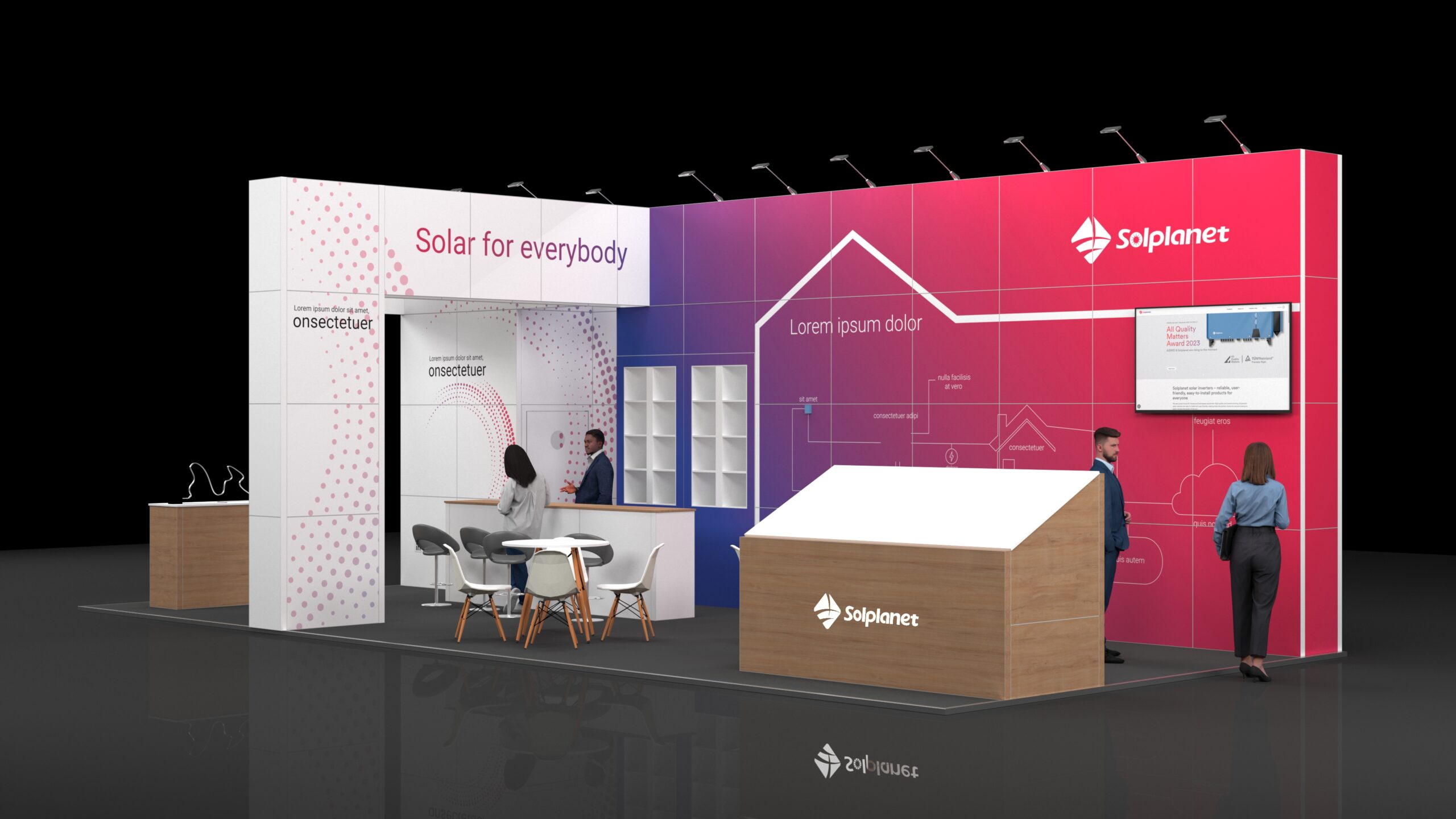 Modern exhibition stand featuring a front reception counter with stools, wall displays with digital screens, a small meeting area with a round table and chairs, and a sloped display structure, all arranged in an open, well-lit layout designed for visitor engagement.