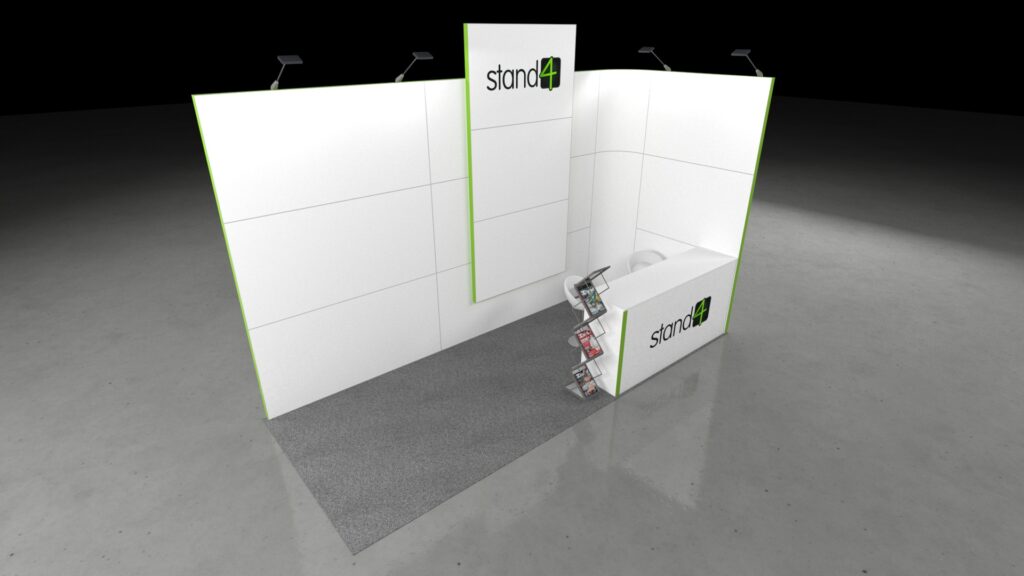 3D render of a 5x2 exhibition stand with two back walls, a front counter, brochure rack, and overhead spotlights on a grey floor.