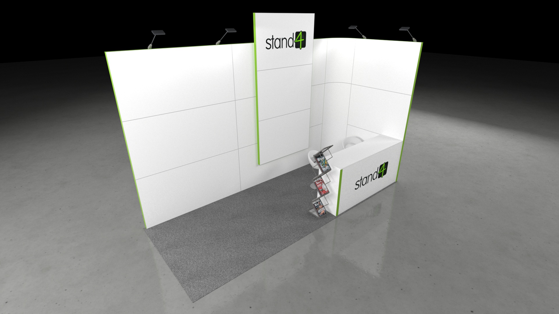 3D render of a 5x2 exhibition stand with two back walls, a front counter, brochure rack, and overhead spotlights on a grey floor.