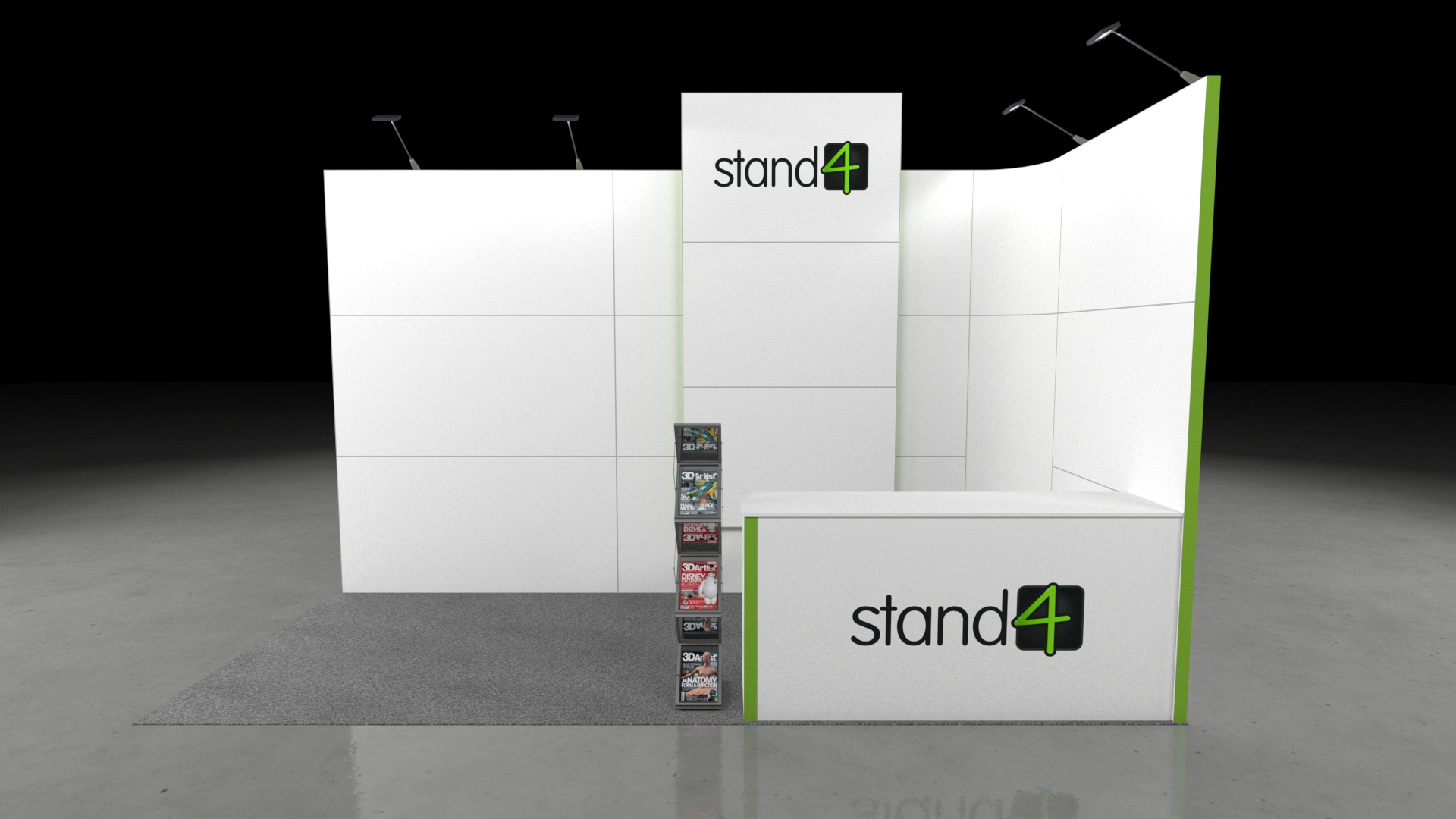 3D render of a 5x2 exhibition stand with two back walls, a front counter, brochure rack, and overhead spotlights on a grey floor.