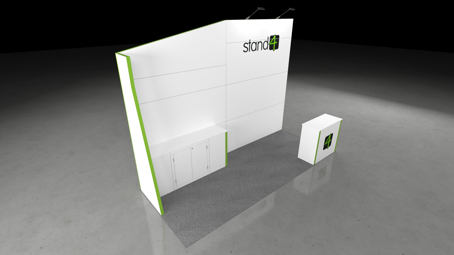 3D render of a 5x2 exhibition stand with a tall back wall, a front counter, built-in storage unit, and overhead spotlights.