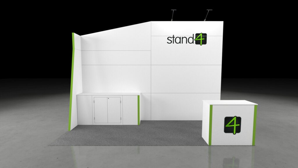 3D render of a 5x2 exhibition stand with a tall back wall, a front counter, built-in storage unit, and overhead spotlights.