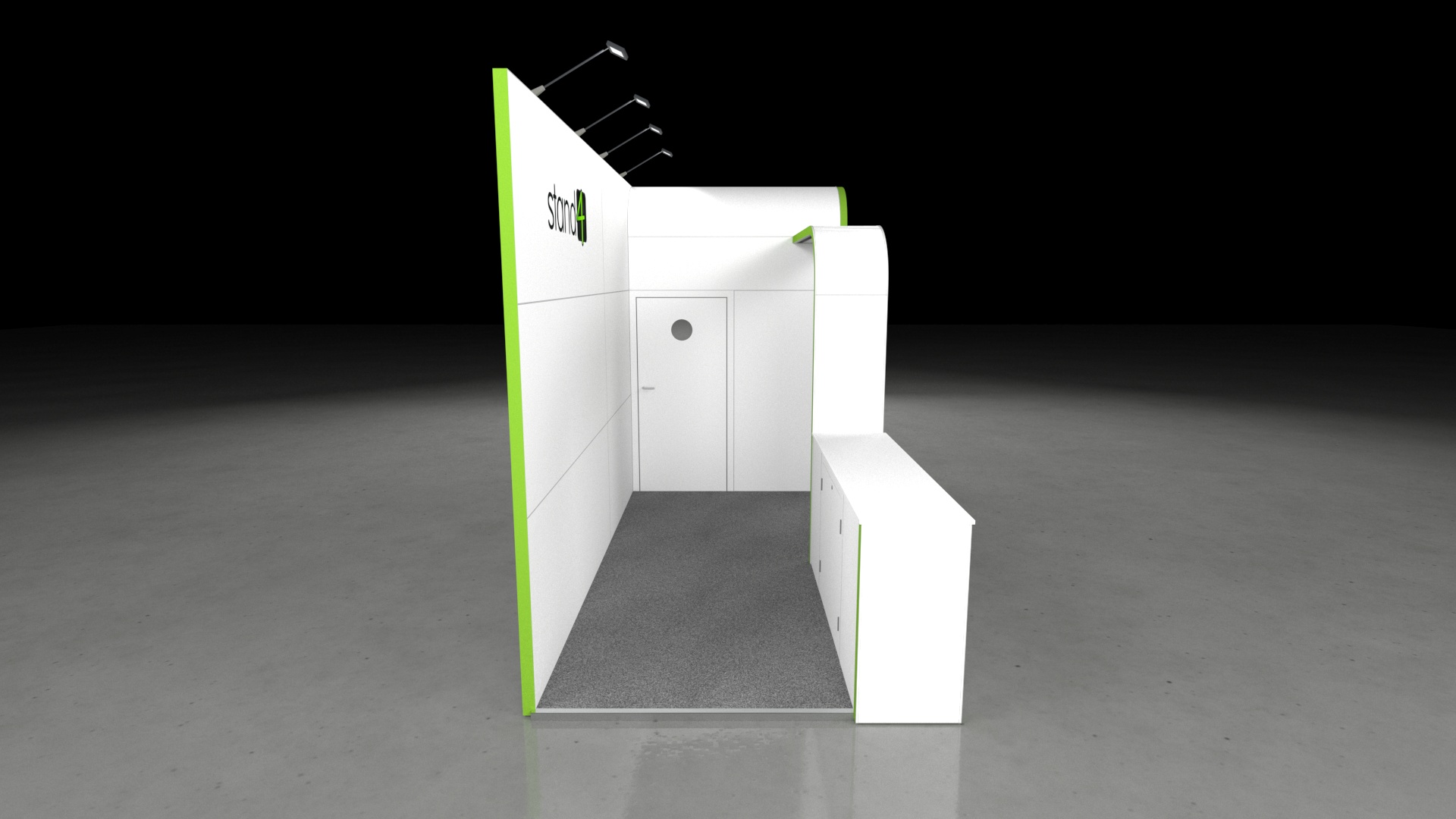 oakvale3 A modern $5 \times 2$ exhibition stand with a clean corner design. It features a front service counter and a curved wall leading into a semi-enclosed storage or meeting area. One wall has a dynamic, repeating green and white diagonal pattern.