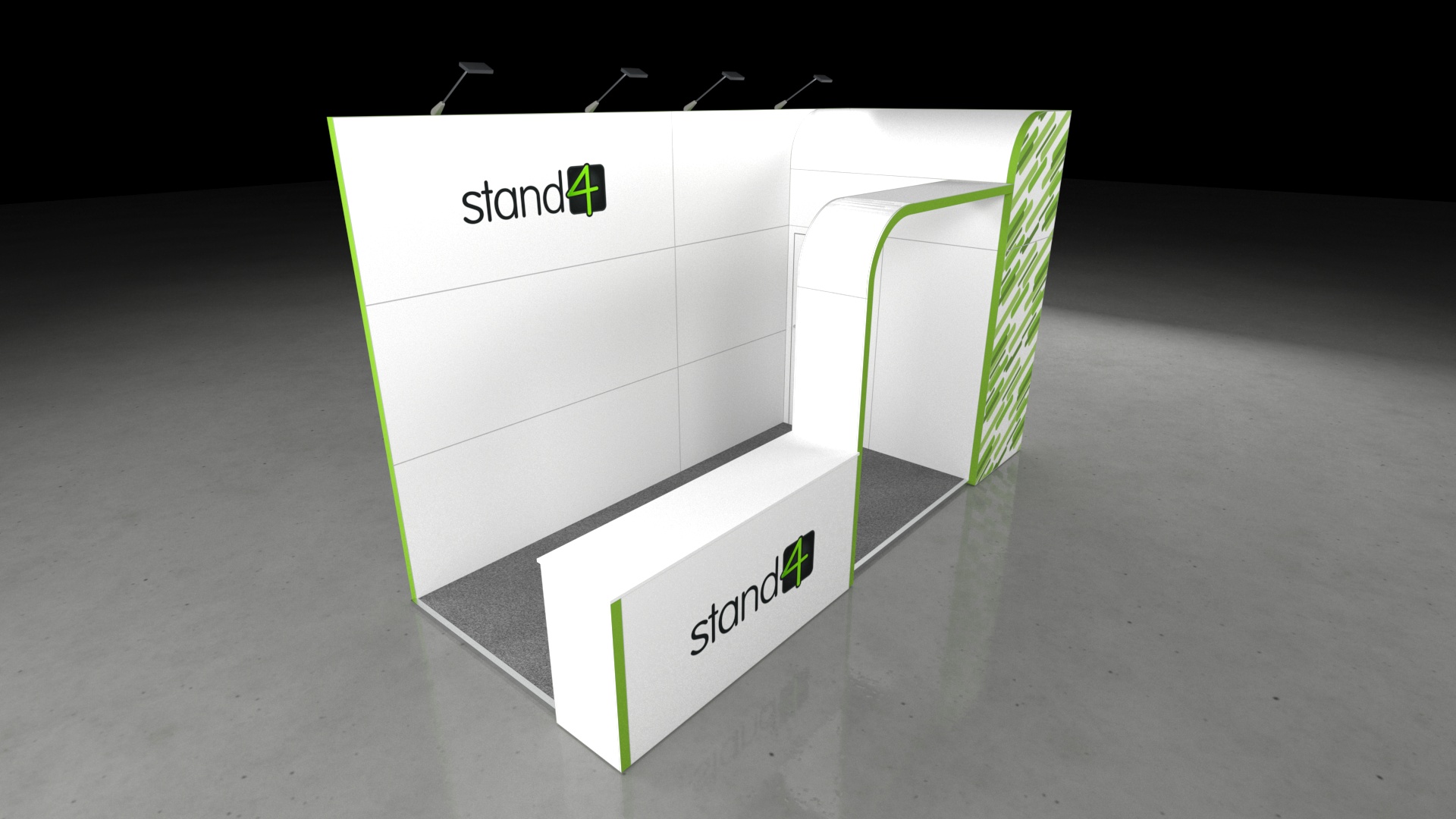 oakvale2 A modern $5 \times 2$ exhibition stand with a clean corner design. It features a front service counter and a curved wall leading into a semi-enclosed storage or meeting area. One wall has a dynamic, repeating green and white diagonal pattern.