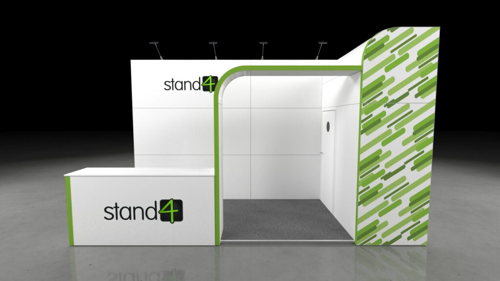 A modern $5 \times 2$ exhibition stand with a clean corner design. It features a front service counter and a curved wall leading into a semi-enclosed storage or meeting area. One wall has a dynamic, repeating green and white diagonal pattern.