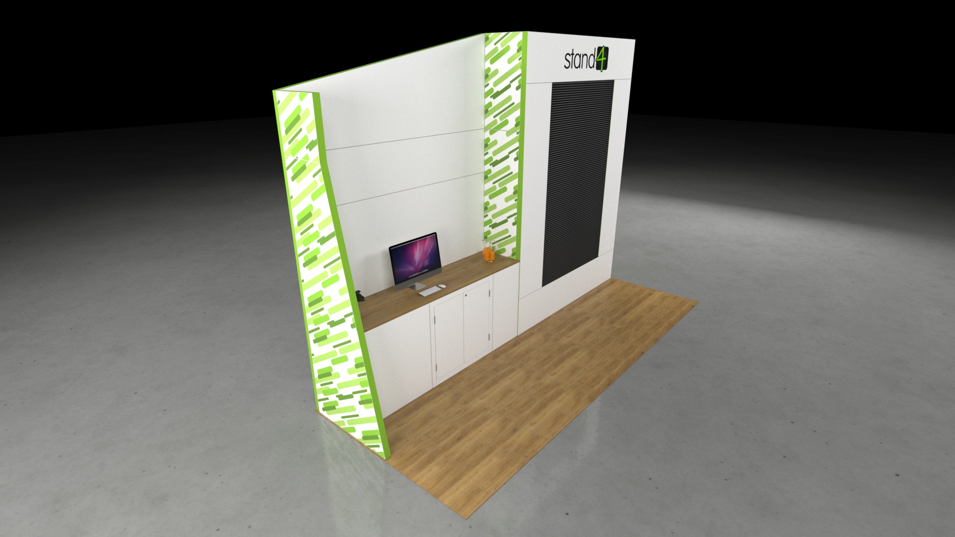 A clean, modern 5x2 exhibition stand featuring a large central display screen or panel. To the left is a counter and cabinet storage unit with a computer monitor on top, and a narrow side wall.