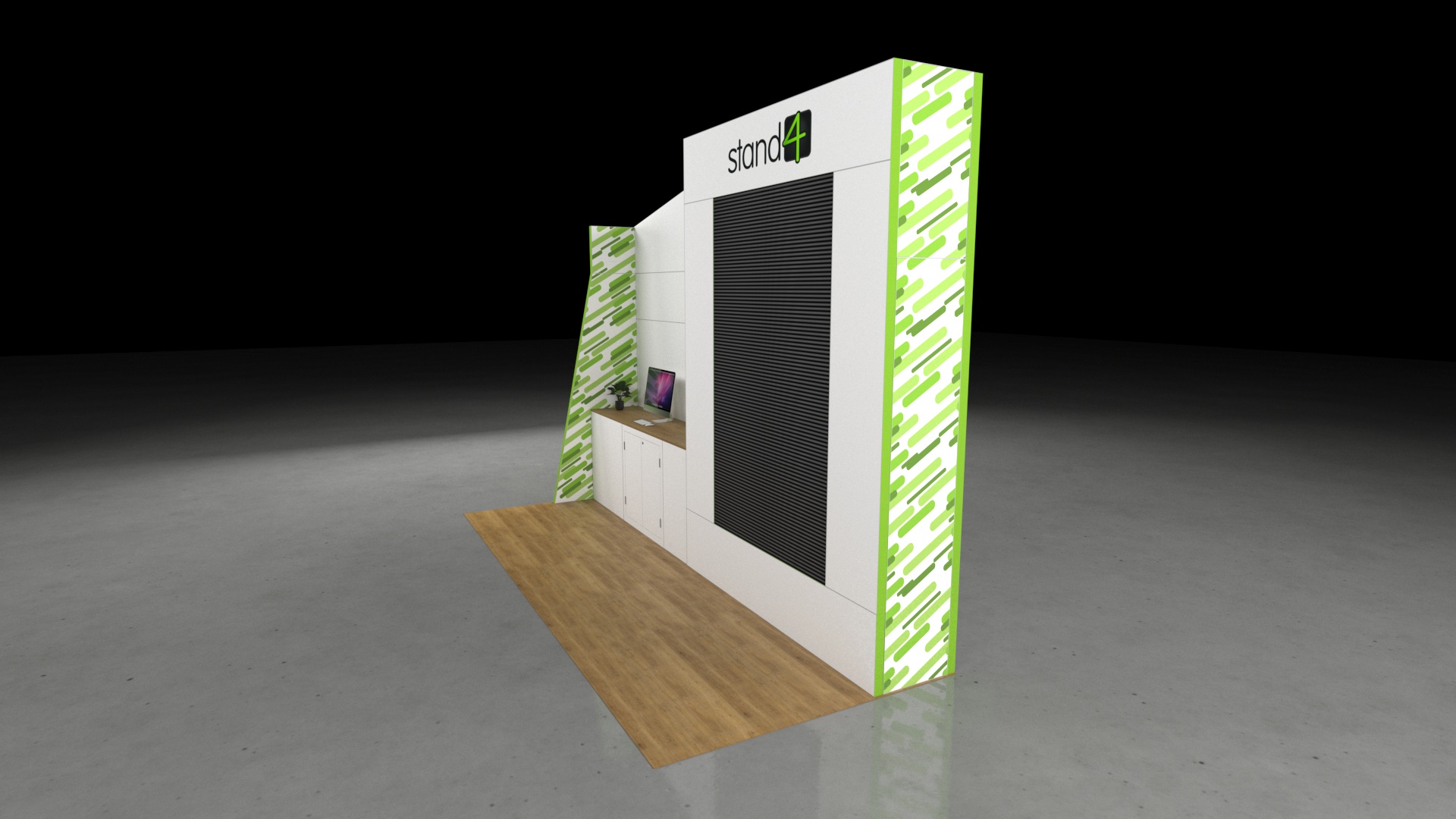 A clean, modern 5x2 exhibition stand featuring a large central display screen or panel. To the left is a counter and cabinet storage unit with a computer monitor on top, and a narrow side wall.