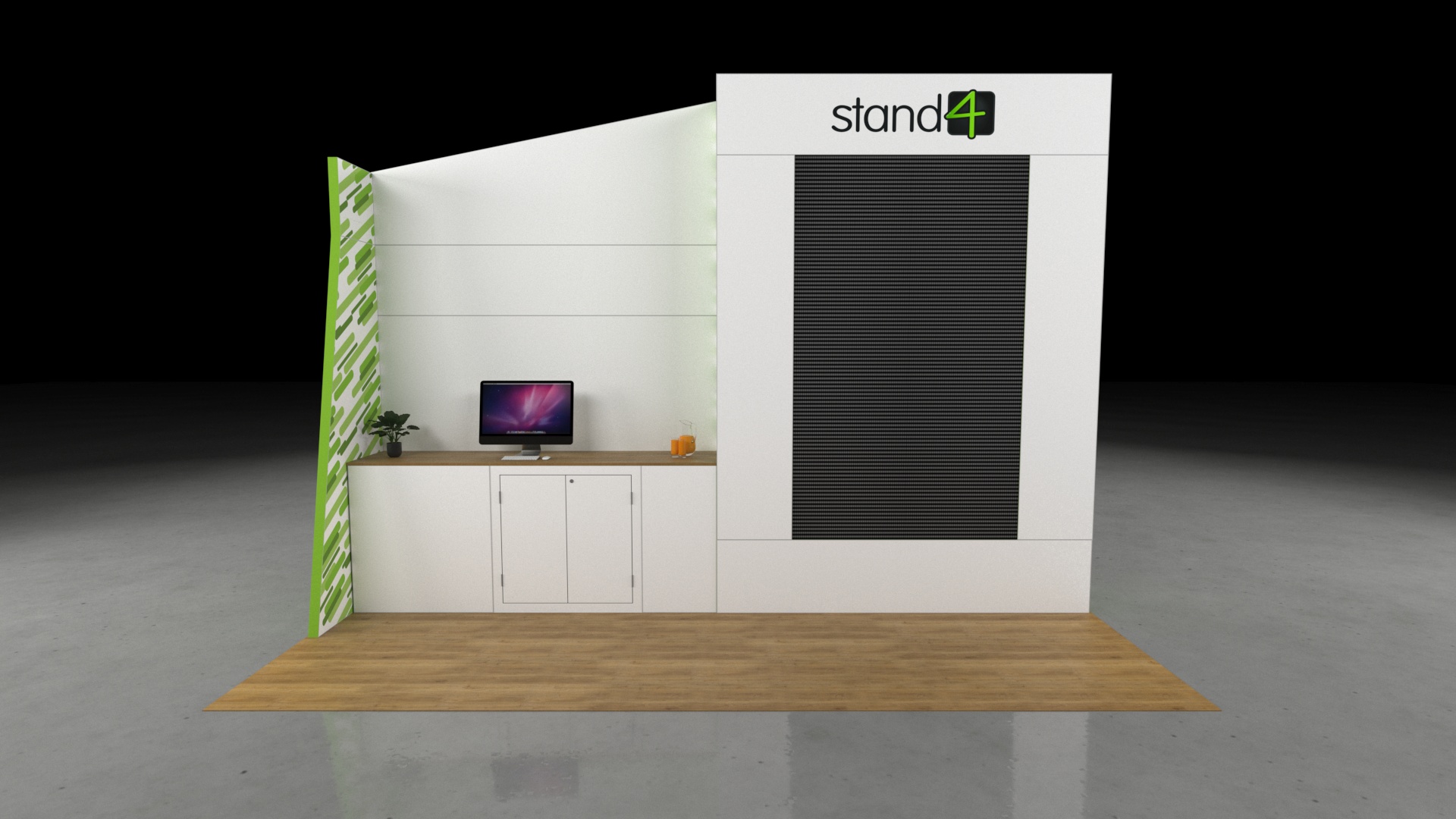 A clean, modern 5x2 exhibition stand featuring a large central display screen or panel. To the left is a counter and cabinet storage unit with a computer monitor on top, and a narrow side wall.