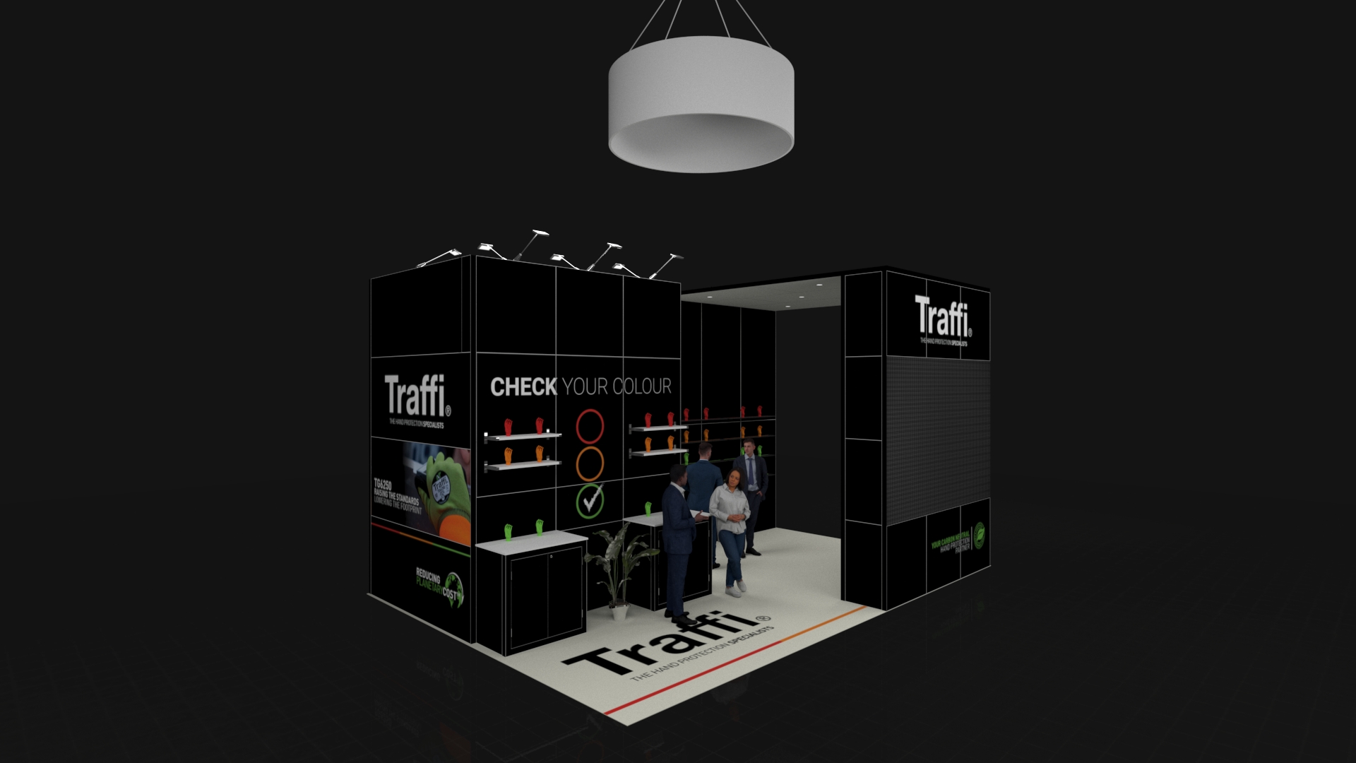 Modern exhibition stand with tall panels, glove displays, floor graphics, and a large circular hanging light above. Several people are interacting around the booth.