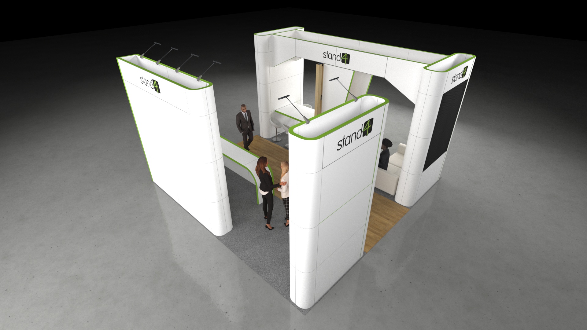 6x6 exhibition stand featuring two large LED screens, a central reception counter, lounge seating, bar-height meeting area, and sectioned zones with varied flooring and lighting.