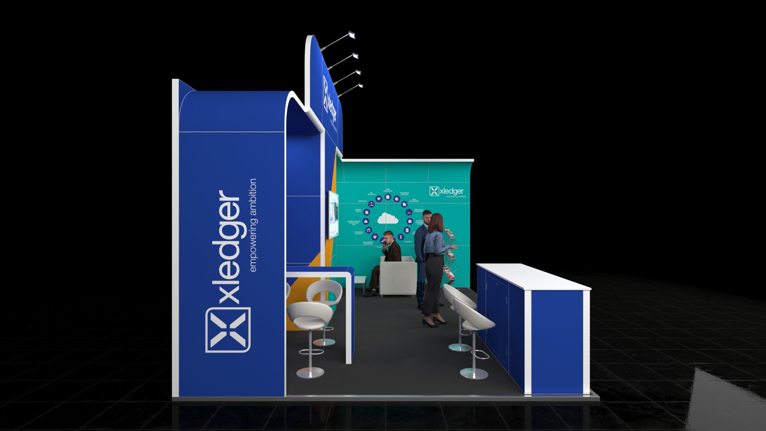 Catbells Stand3 6x4 exhibition booth featuring a central screen, one counter, a brochure stand, a single meeting table with chairs, two sofas for casual seating, and a top banner for elevated brand visibility.