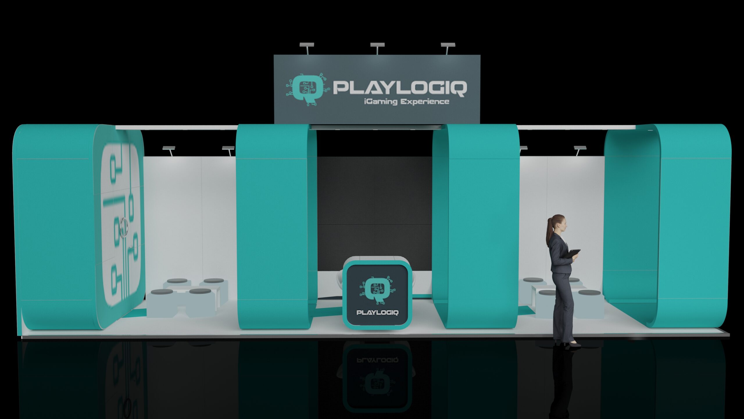 Calgary3 Modern modular exhibition stand featuring a sequence of large, curved archway structures. Includes a LED display, a reception podium, and a seating area, all beneath a header.