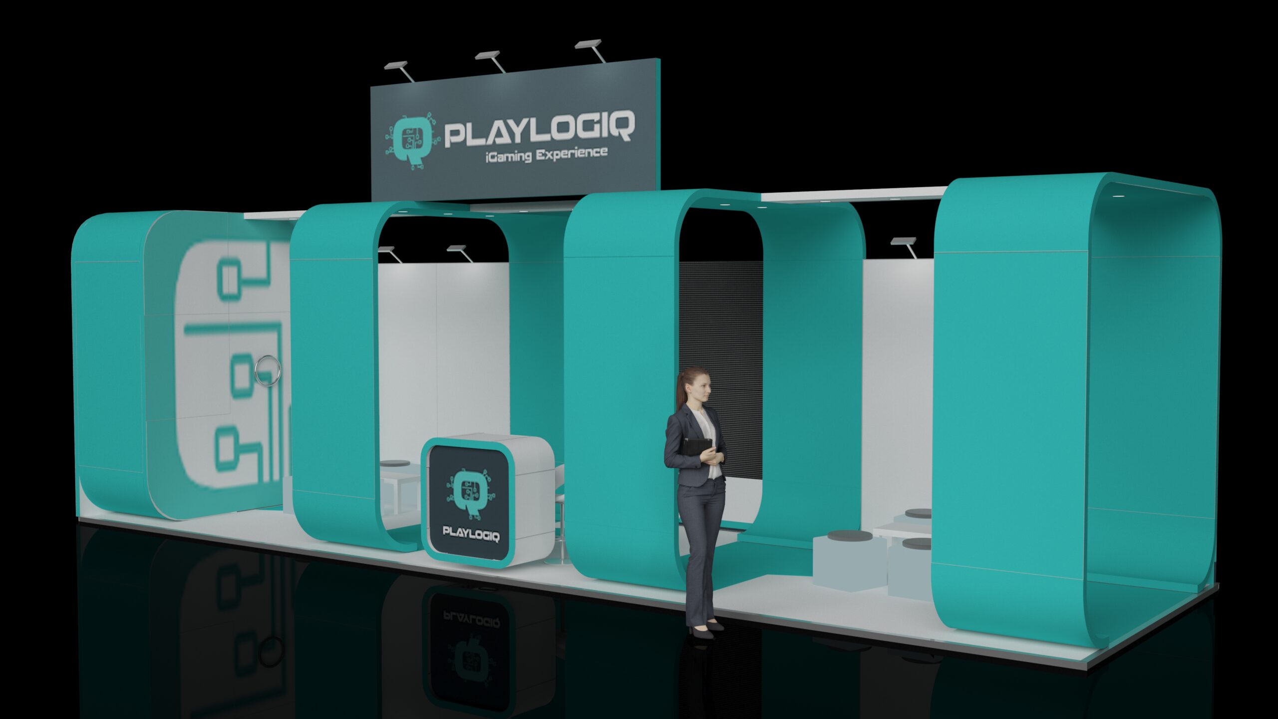 Modern modular exhibition stand featuring a sequence of large, curved archway structures. Includes a LED display, a reception podium, and a seating area, all beneath a header.