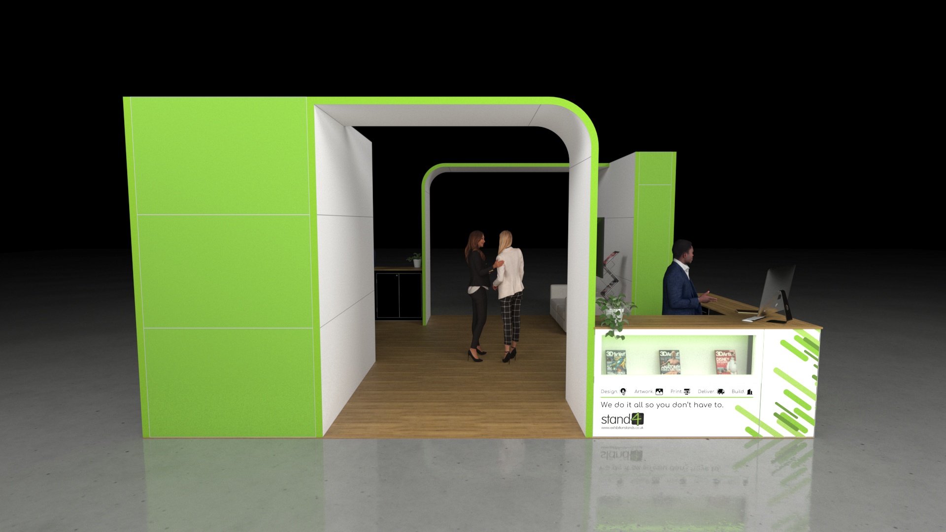 3D render of a modern 6x6 island exhibition stand with an open layout, featuring a front reception counter with a computer, large display walls with integrated screens, brochure racks, and wood-style flooring designed for visitor engagement.