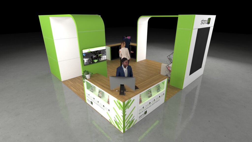 3D render of a modern 6x6 island exhibition stand with an open layout, featuring a front reception counter with a computer, large display walls with integrated screens, brochure racks, and wood-style flooring designed for visitor engagement.