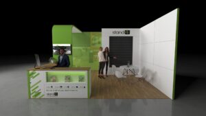 3D-rendered exhibition stand with a curved frame design, a front reception counter with a computer and plant, a small meeting area with a round table and chairs, and a built-in door and display wall on a wood-style floor.
