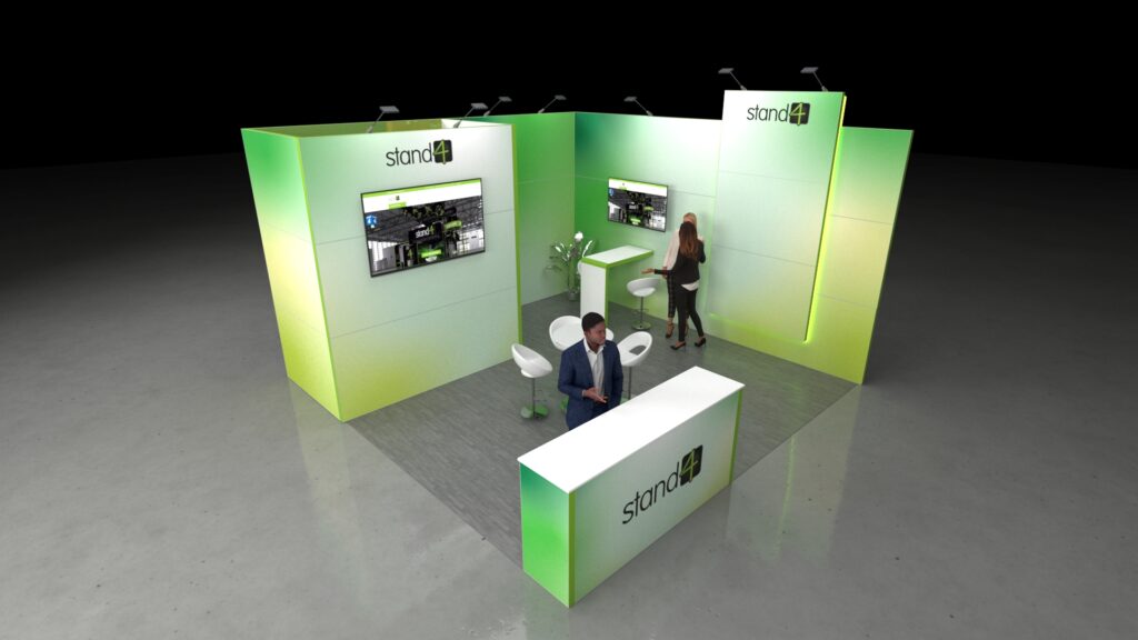 Modern exhibition booth with tall smooth walls, digital screens, a front reception counter, bar-height seating, a small meeting area, overhead lighting, and minimal décor.