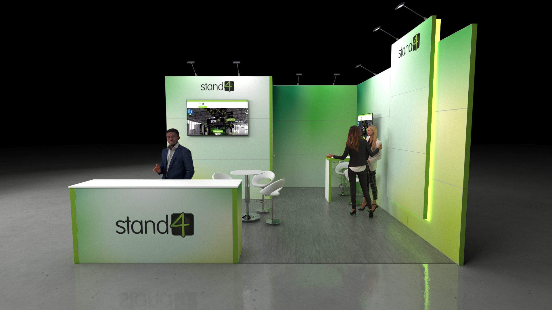 Modern exhibition booth with tall smooth walls, digital screens, a front reception counter, bar-height seating, a small meeting area, overhead lighting, and minimal décor.