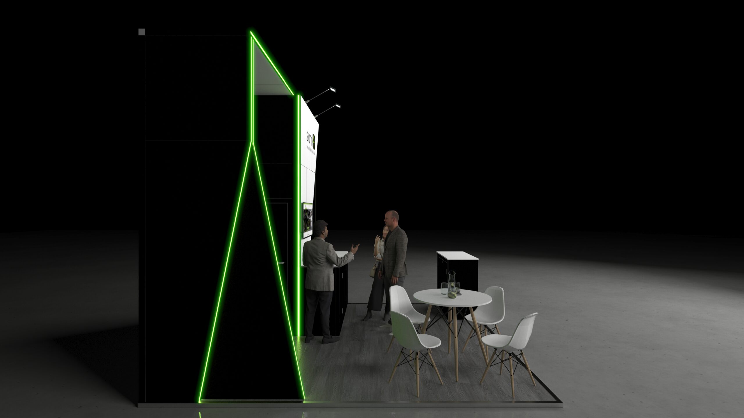 3D render of a 4x4m exhibition stand with an angled back wall, built-in counter, small round meeting table with four chairs, and a front reception counter on a raised floor platform.
