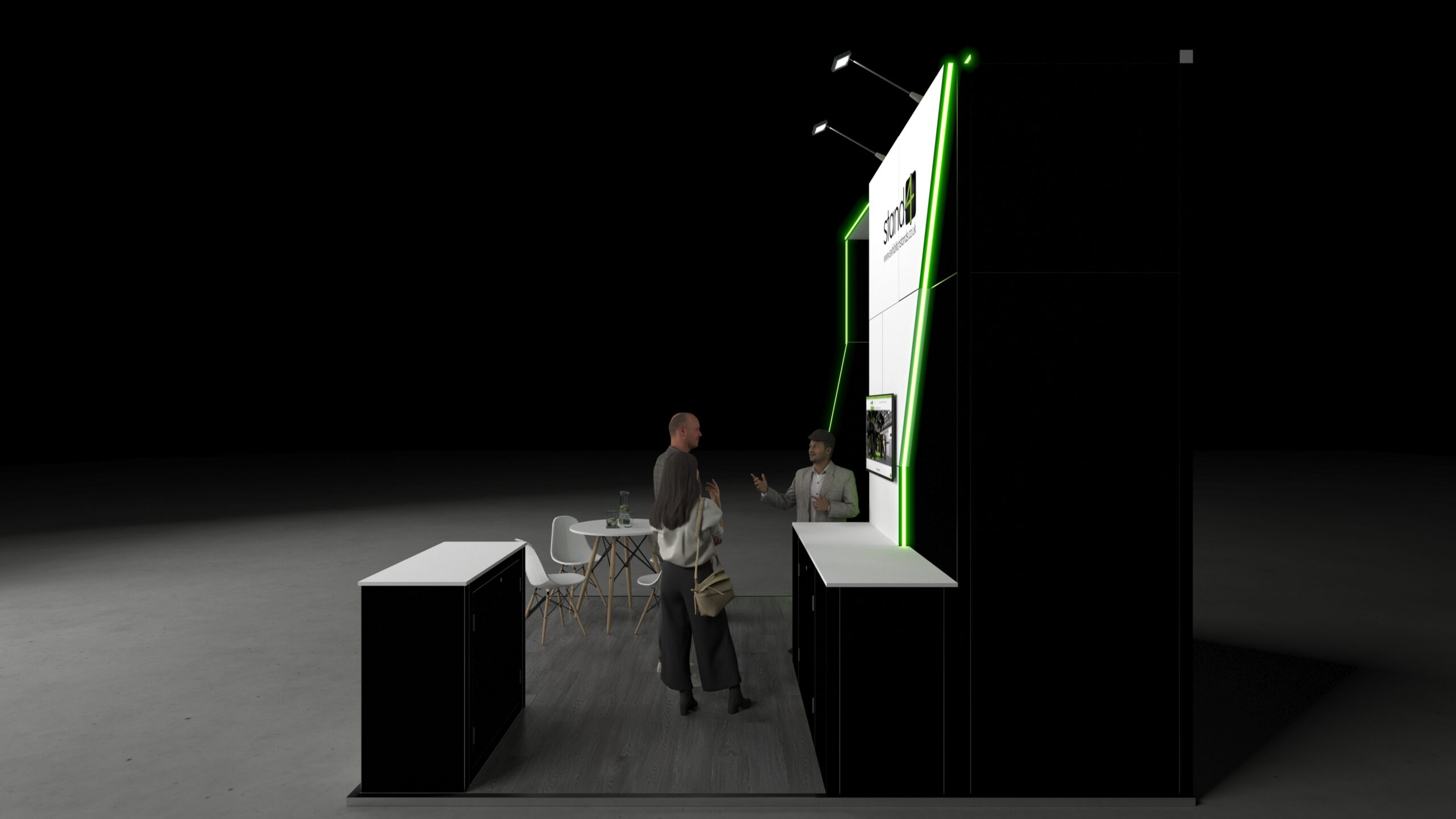 3D render of a 4x4m exhibition stand with an angled back wall, built-in counter, small round meeting table with four chairs, and a front reception counter on a raised floor platform.