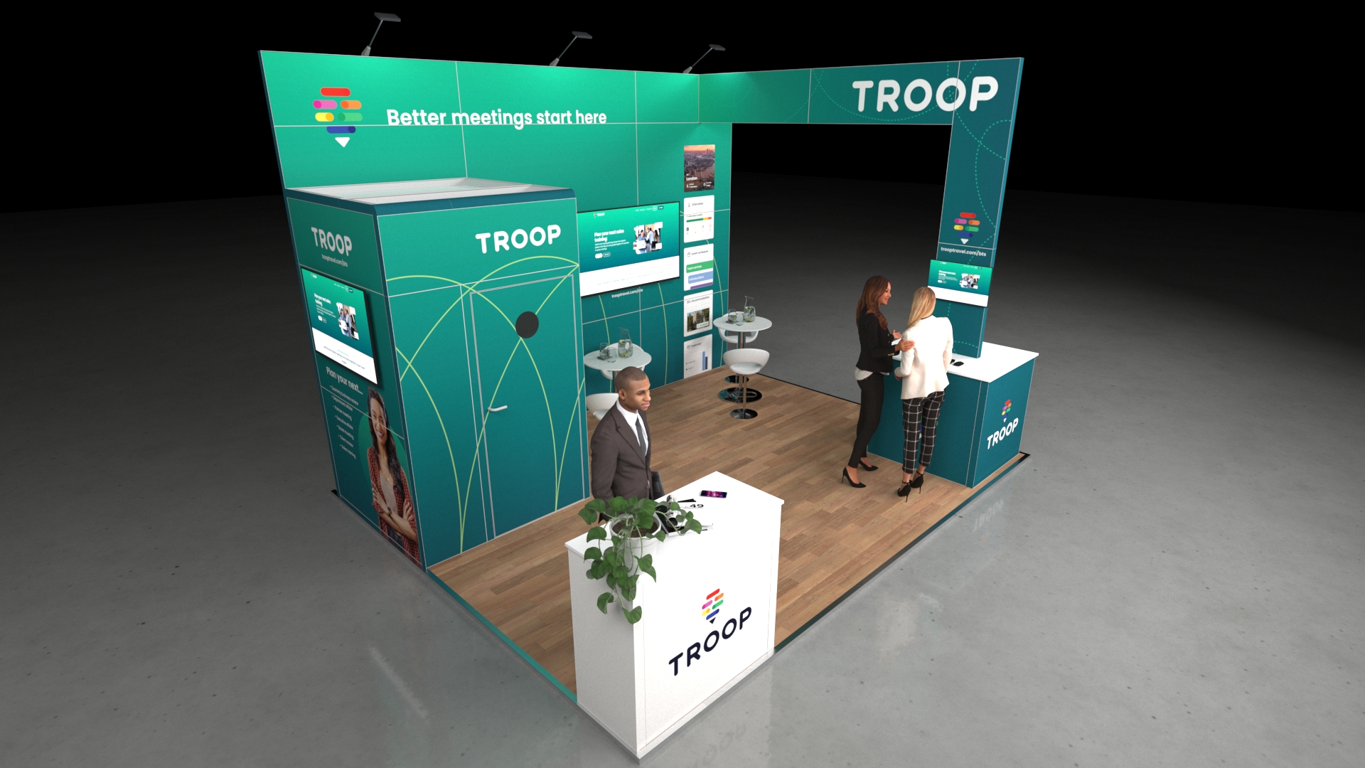 3D-rendered exhibition stand with a modern open layout featuring two counters, digital screens on the back wall, small tables with stools for meetings, and a person greeting visitors at the front desk on a wood-style floor