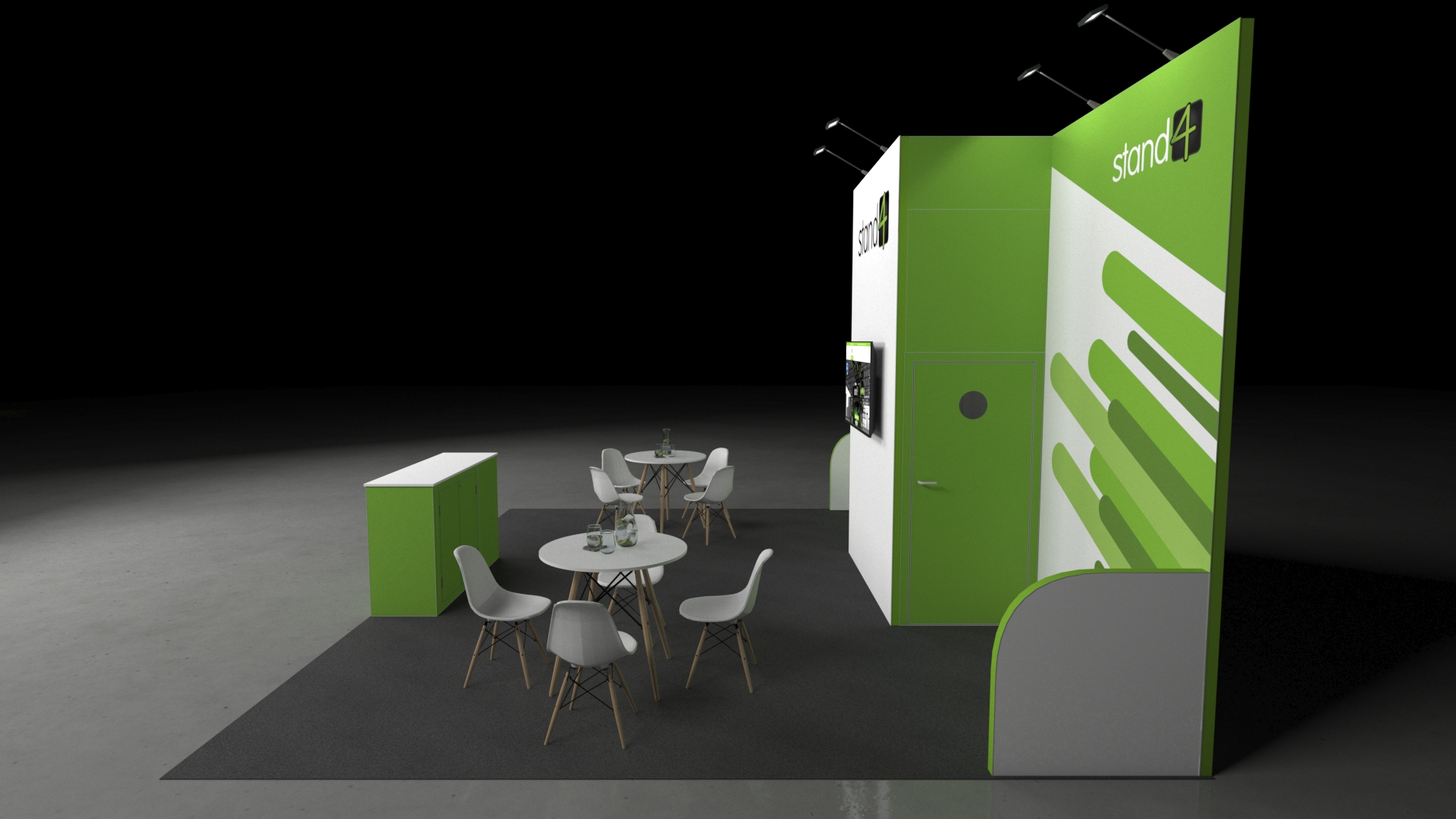 Katiet_Stand_Stand4Branded_3_V1 Symmetrical 5x6 exhibition stand featuring a central monitor pillar, angled back panels with hidden storage, a front greeting counter, and two side meeting areas with circular tables and tripod chairs.