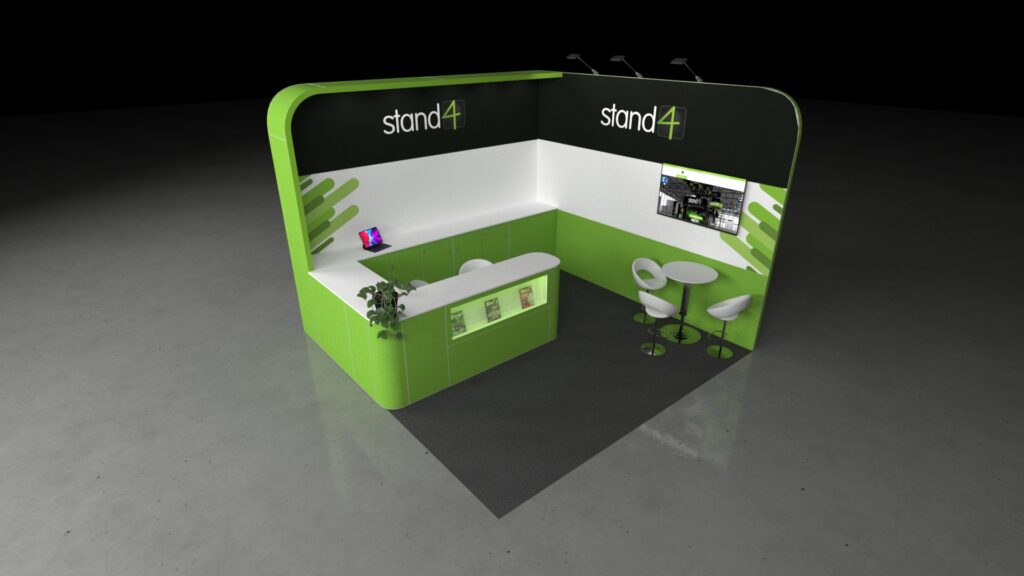 A 4x4m corner exhibition stand with an L-shaped back wall, a curved illuminated header, and a matching L-shaped counter featuring a glass display window.