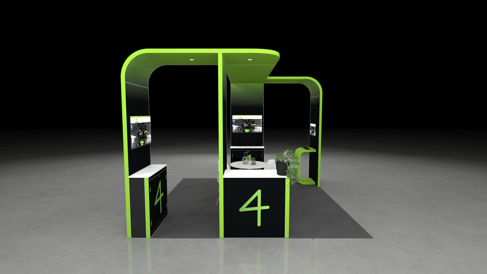 Solent_1 An open-concept exhibition stand featuring a modern overhead canopy, integrated digital displays, and a central meeting area with a round table and four chairs.