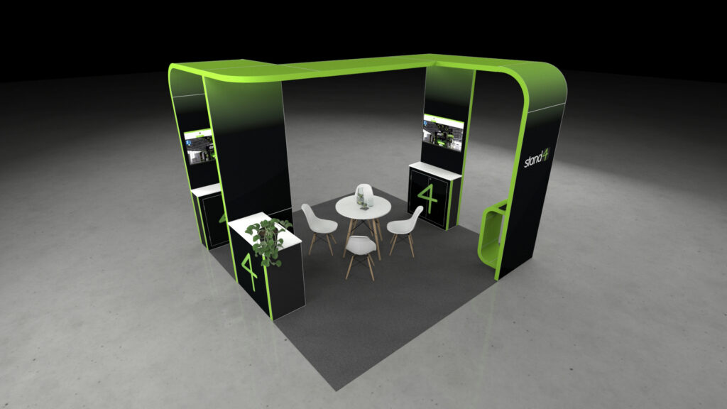 An open-concept exhibition stand featuring a modern overhead canopy, integrated digital displays, and a central meeting area with a round table and four chairs.