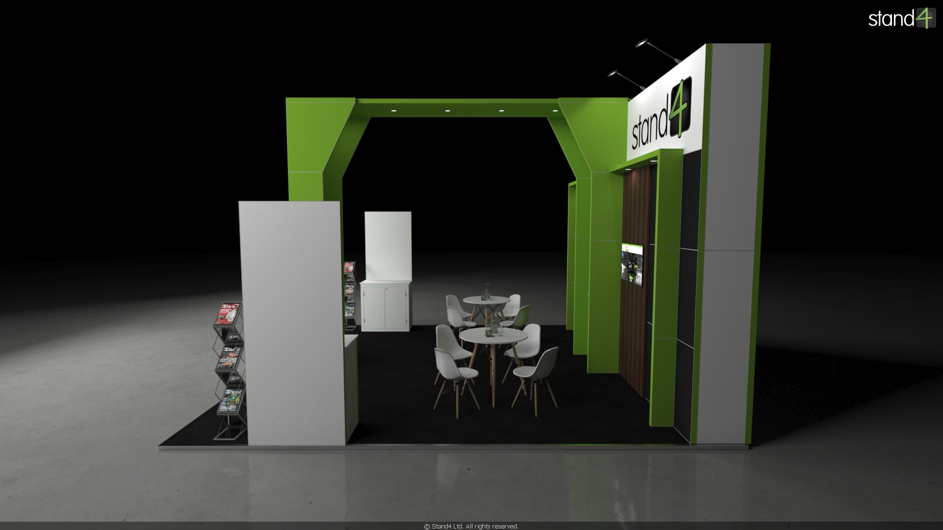 Trieste_Stand4_3 3D rendering of an exhibition stand featuring a tall central column connected to a backwall by an overhead bridge structure. The space includes two front display counters with zigzag literature racks, a central open area with two round meeting tables and chairs, and a backwall with integrated digital screens and a closed door leading to a storage room.