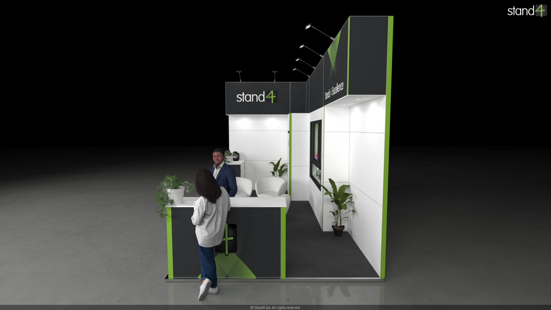 3D rendering of an exhibition stand design featuring a front reception counter, a central meeting area with four round lounge chairs, built-in wall display shelves, a small refreshment station, and a closed door leading to a private storage room.