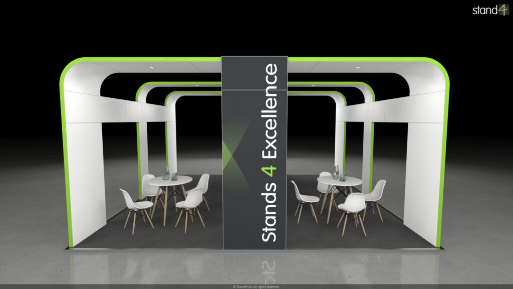3D rendering of an open-plan exhibition stand with large arching overhead structures, a central support pillar featuring a wall-mounted digital screen, and two separate meeting spaces, each furnished with a round table and four chairs.
