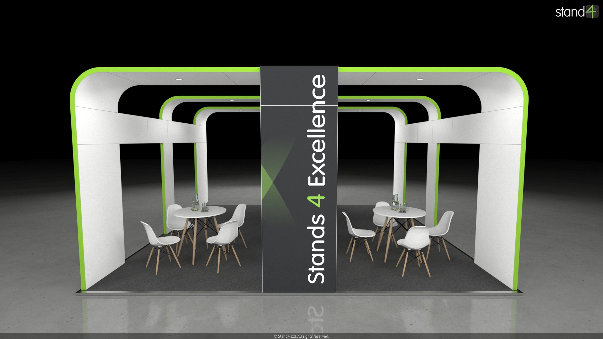 3D rendering of an open-plan exhibition stand with large arching overhead structures, a central support pillar featuring a wall-mounted digital screen, and two separate meeting spaces, each furnished with a round table and four chairs.
