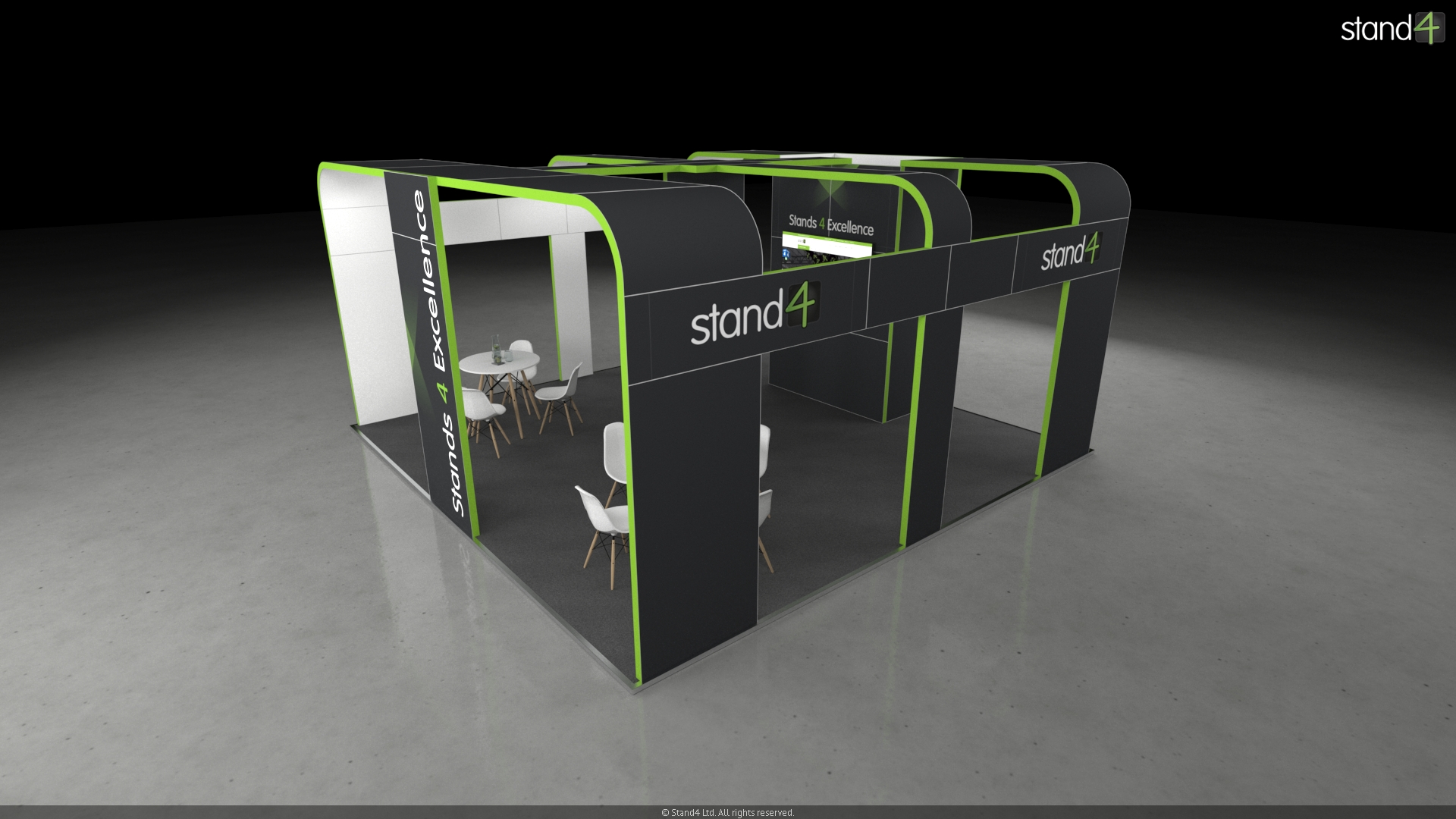 Vienna_2 3D rendering of an open-plan exhibition stand with large arching overhead structures, a central support pillar featuring a wall-mounted digital screen, and two separate meeting spaces, each furnished with a round table and four chairs.