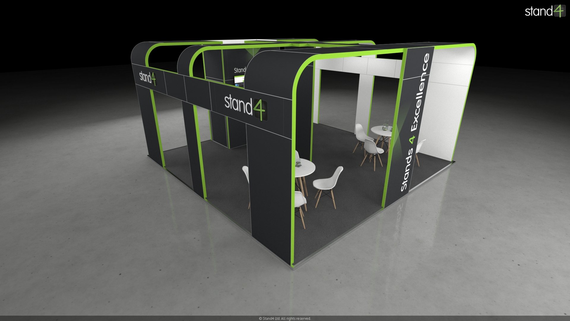Vienna_4 3D rendering of an open-plan exhibition stand with large arching overhead structures, a central support pillar featuring a wall-mounted digital screen, and two separate meeting spaces, each furnished with a round table and four chairs.
