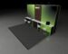 3D rendering of a linear exhibition stand displaying a wide, continuous workstation counter with four bar stools, a central built-in lockable cabinet, and a flat backwall equipped with overhead arm lights.