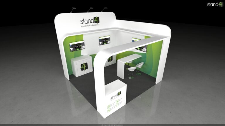 3D rendering of an exhibition stand featuring an L-shaped backwall and an overhead canopy structure with recessed lights. The layout includes a front corner reception counter, two low storage cabinets against the backwall, three wall-mounted digital screens, and a high-top peninsula table with four bar stools.