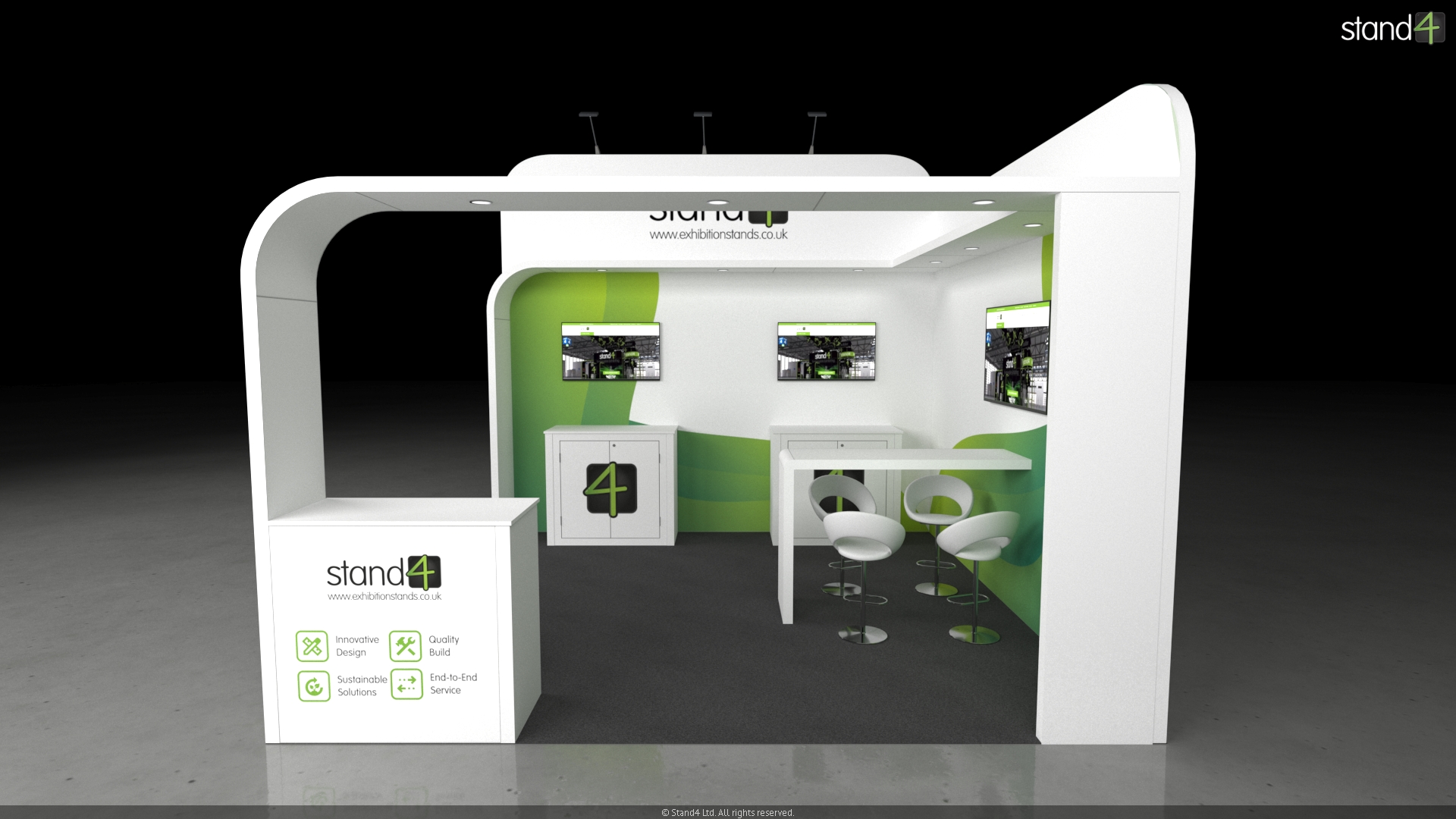 Denmead_3 3D rendering of an exhibition stand featuring an L-shaped backwall and an overhead canopy structure with recessed lights. The layout includes a front corner reception counter, two low storage cabinets against the backwall, three wall-mounted digital screens, and a high-top peninsula table with four bar stools.