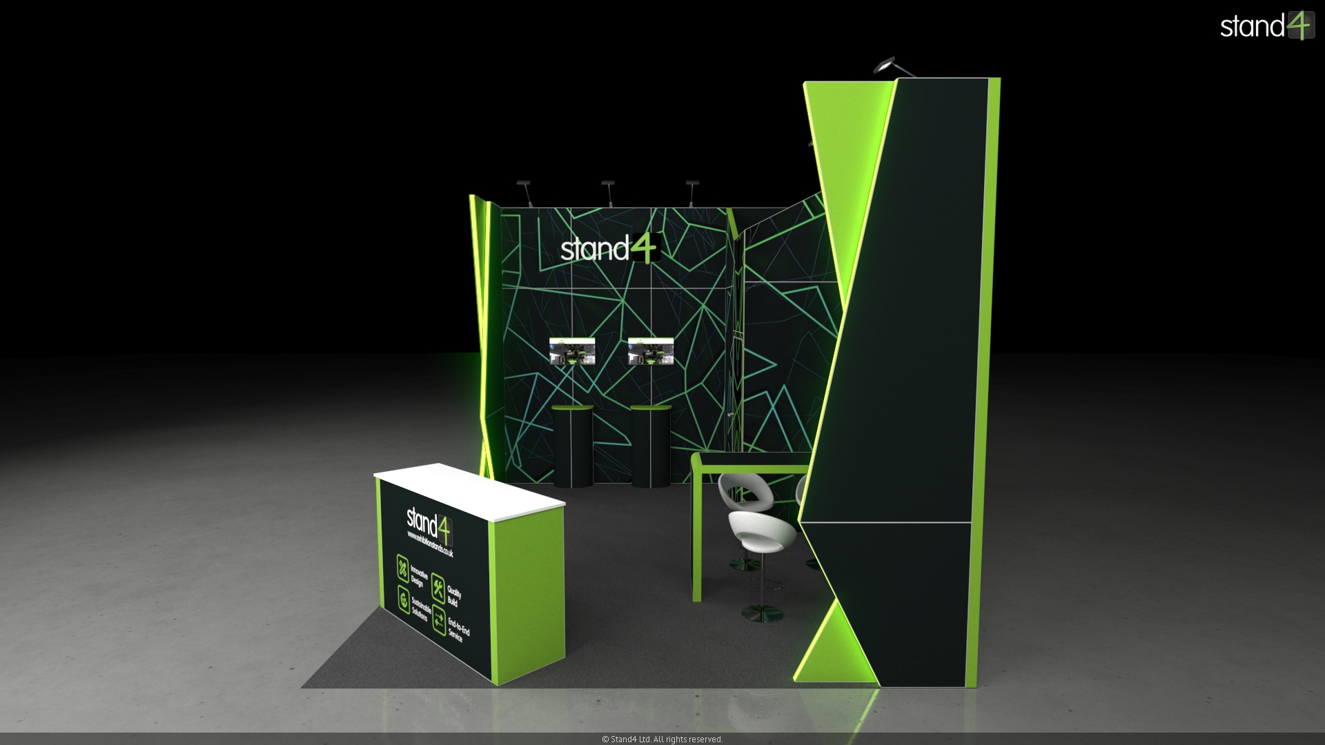 3D rendering of an open corner exhibition stand featuring angular geometric wall structures. The space includes a front reception counter, a high-top peninsula table with three bar stools, a large wall-mounted digital screen, two freestanding display pedestals with smaller screens, and a built-in door leading to a private storage area.