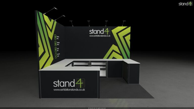 3D rendering of a corner exhibition stand featuring an L-shaped backwall with overhead arm lights, and a prominent U-shaped front counter equipped with built-in open shelves and enclosed storage cabinets facing the central floor space.