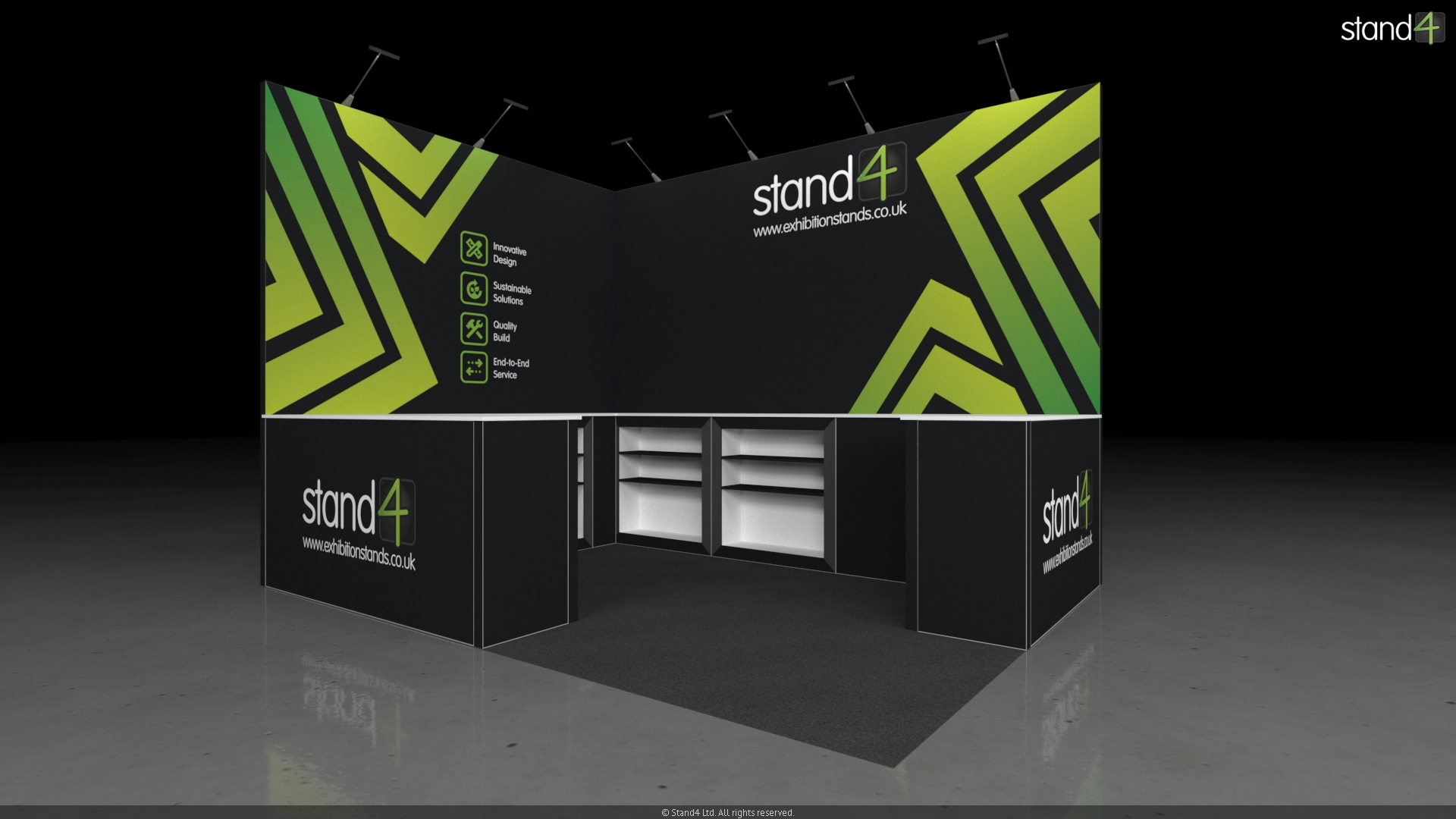 3D rendering of a corner exhibition stand featuring an L-shaped backwall with overhead arm lights, and a prominent U-shaped front counter equipped with built-in open shelves and enclosed storage cabinets facing the central floor space.