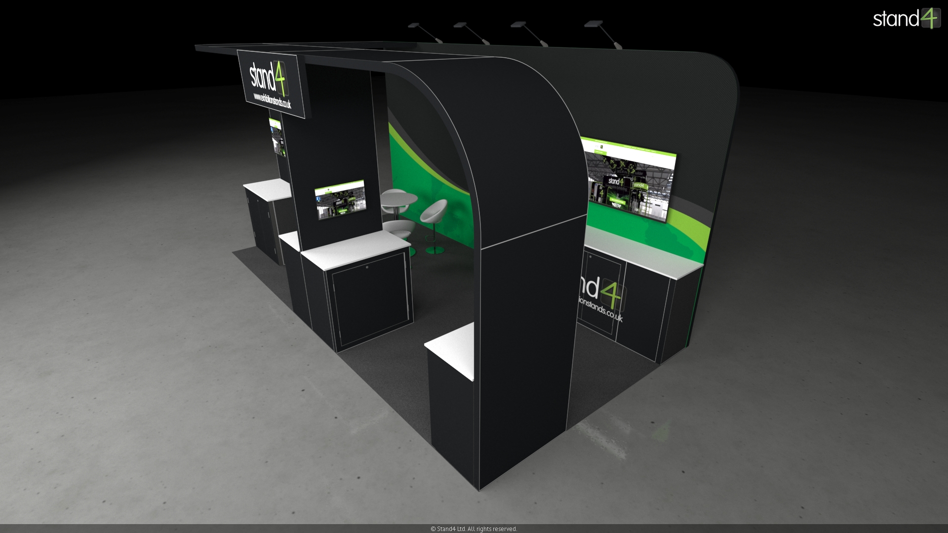Norfolk_2 3D rendering of an open-plan exhibition stand featuring a large overhead canopy. The layout includes three front-facing presentation kiosks with digital screens and storage cabinets, a central meeting area with a high-top table and four bar stools, and a backwall equipped with overhead arm lights, a large monitor, and a long built-in counter.